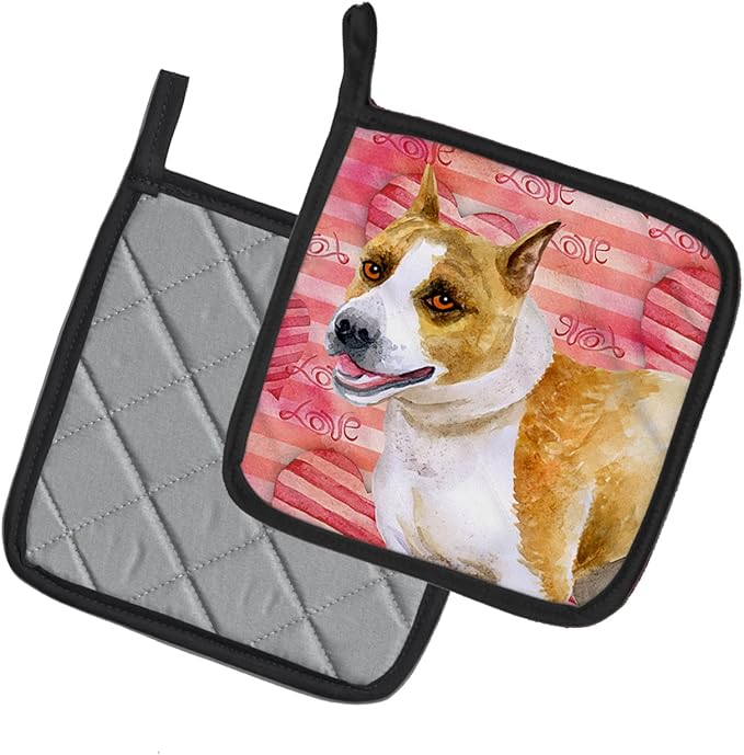 Caroline's Treasures BB9731PTHD American Staffordshire Love Pair of Pot Holders, Red Kitchen Heat Resistant Pot Holders Sets Oven Hot Pads for Cooking Baking BBQ, 7 1/2 x 7 1/2