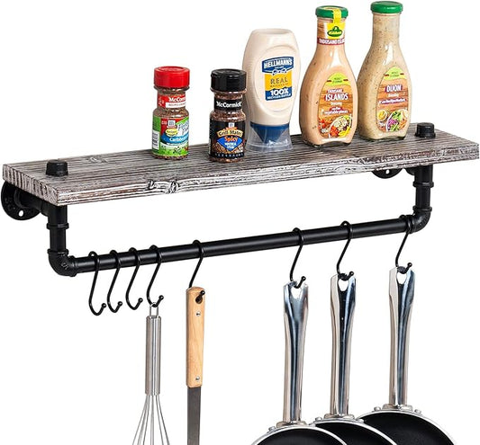 MyGift Wall Mounted Kitchen Pot Rack, Rustic Torched Wood Floating Display Shelf and Industrial Matte Black Metal Pipe Towel Bar and Hanging Cooking Pots and Pans Organizer with 8 S-Hooks