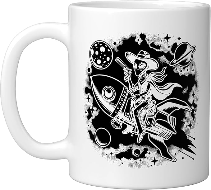 Alien Lover Flying Saucer UFO Extraterrestrial Cowboy Ceramic Mug, White