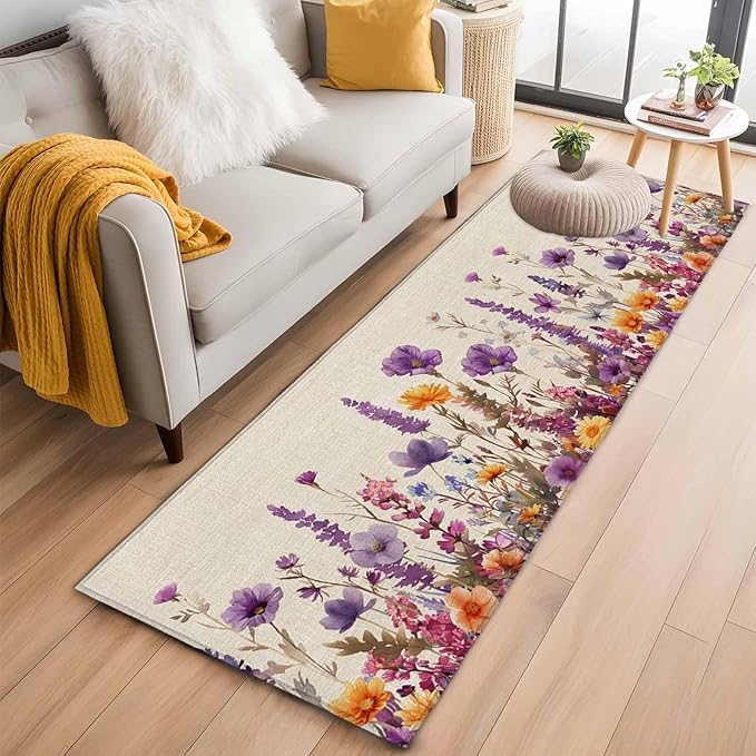 Runner Rug for Bedroom Hallway, Country Flower Purple Lavender Plant Kitchen Runner Rugs Area Rug 2x6ft, Retro Linen Washable Soft Floor Carpet for Entryway Stair