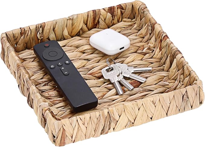 Natural Water Hyacinth Tray Handwoven Wicker Basket Tray for Decoration Square Serving Tray for Coffee Table Living Room Kitchen, 8.5" x 8.5" x 1.6"