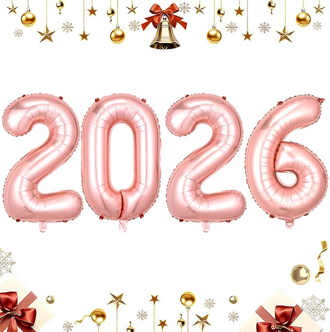 Rose Gold 2026 Balloons, Large 32 Inch Foil 2026 Number Balloons, Grad Balloons for Class of 2026 Graduation Party, Rose Gold Matellic Foil New Year Birthday Home Office Party Supplies