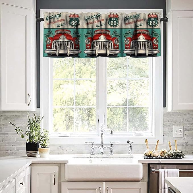 Retro Valance Curtain Vintage Car Route 66 Garage Rod Pocket Valance Window Treatments Short Curtains for Kitchen Bathroom Farmhouse Living Room Decor 54x18inch