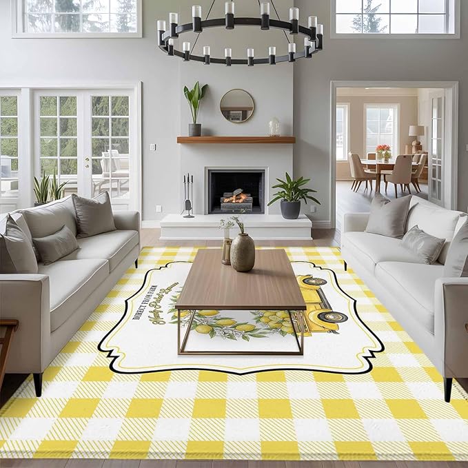 Area Rug 6x9ft, Farm Yellow Truck Lemon Fruit Washable Rugs for Living Room Bedroom, Flower Leaves Buffalo Plaid Soft Non-Slip Area Rugs Rectangle Floor Carpet for Dining Room