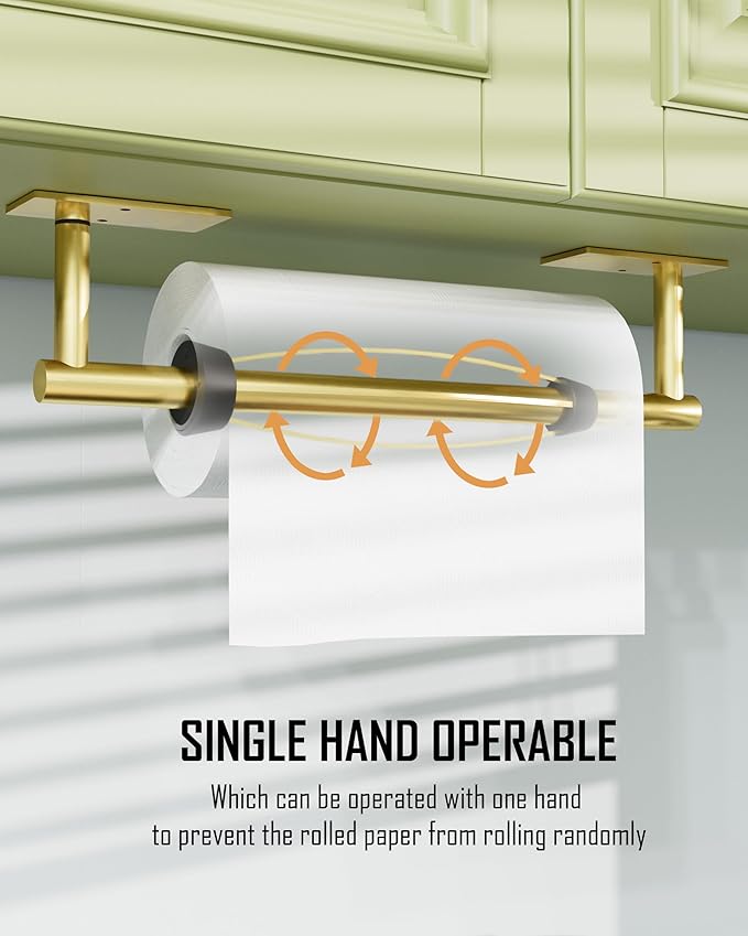 Paper Towel Holder Under Cabinet, Single Hand Operable Roll Holder with Damping Effect,No Drilling or Wall Mounted SUS304 Stainless Steel for Kitchen Bathroom (Brushed Gold)