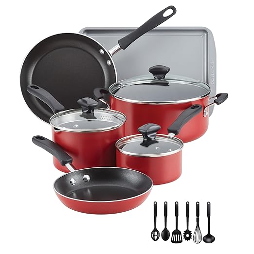Farberware Cookstart DiamondMax Nonstick Cookware/Pots and Pans Set, Dishwasher Safe, Includes Baking Pan and Cooking Tools, 15 Piece - Red