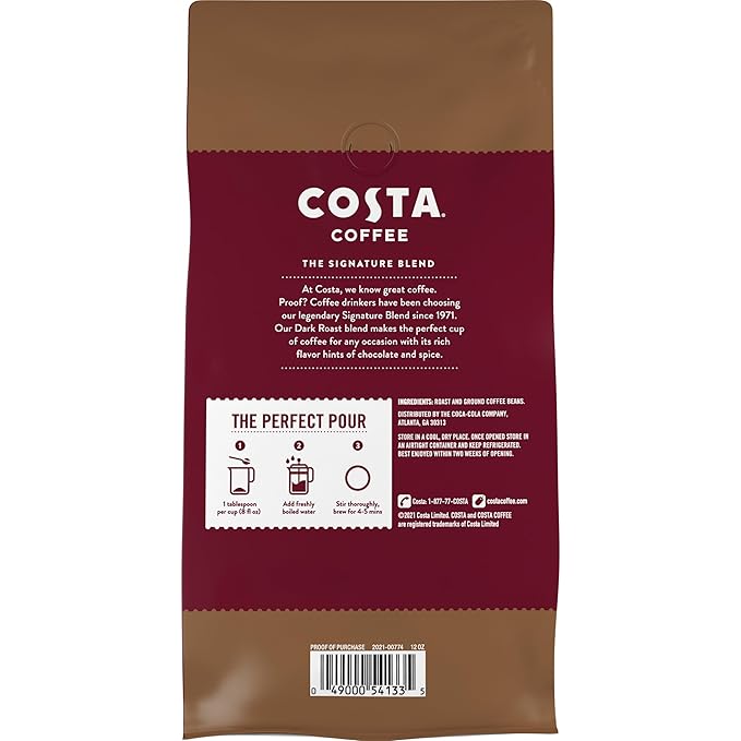 Costa Coffee Whole Bean Coffee, Signature Blend Dark Roast, 12oz each, Rainforest Alliance Certified (Pack of 4)