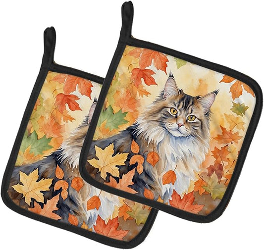 Caroline's Treasures Norwegian Forest Cat in Fall Leaves Pair of Pot Holders Kitchen Heat Resistant Pot Holders Sets Oven Hot Pads for Cooking Baking BBQ, 7 1/2 x 7 1/2