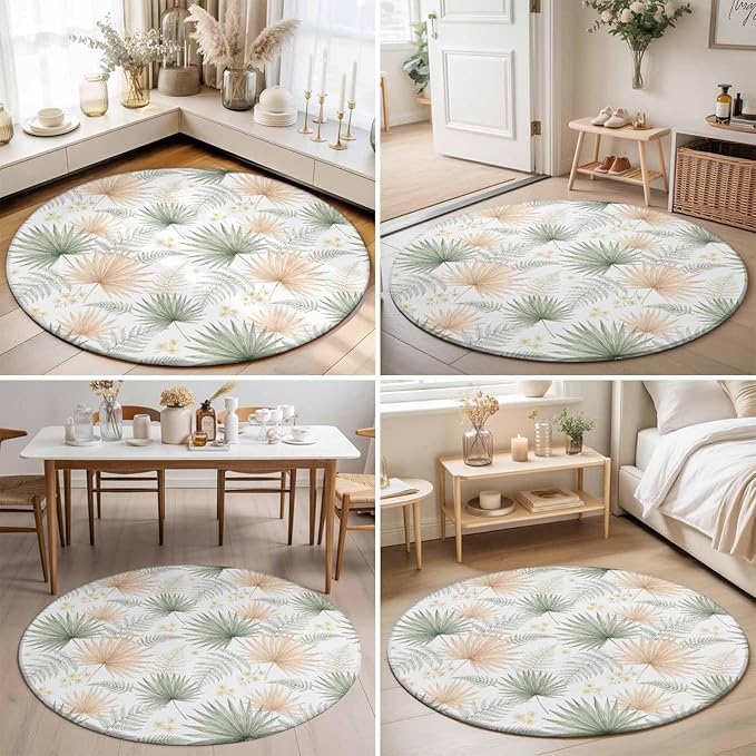 Washable Round Area Rug Boho Tropical Palm Circle Rugs Floor Carpet for Living Room Bedroom, Watercolor Seamless Background Soft Non Slip Round Rug 3ft