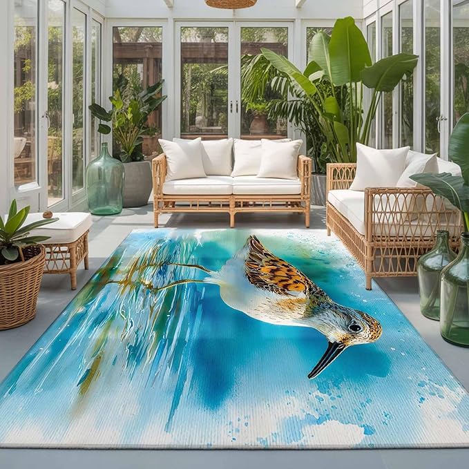 Area Rug 3x5ft, Natural Lake Bird Water Reflection Washable Rugs for Living Room Bedroom, Animal Splatter Art Soft Non-Slip Area Rugs Rectangle Floor Carpet for Dining Room