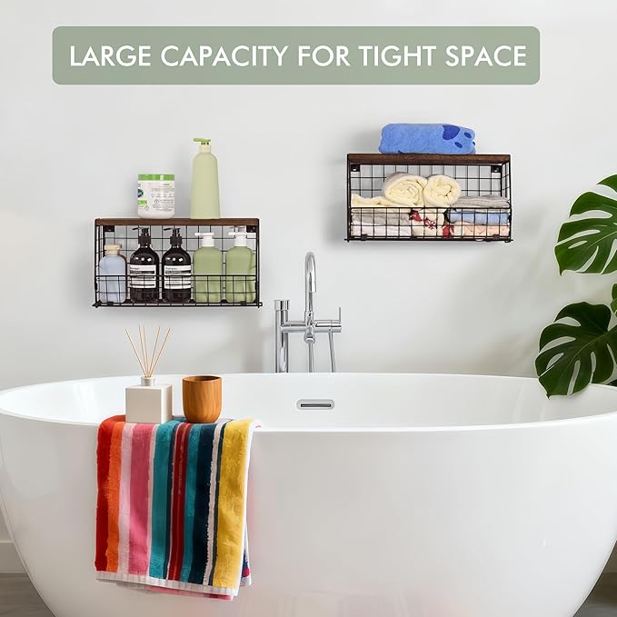 Wall Storage Hanging Baskets 2 PACK - Wooden Top Wire Basket Organizers & S Hooks - Assemble Floating Shelf Racks for Pantry Kitchen Office Bathroom Garage Organization (Extra Large)