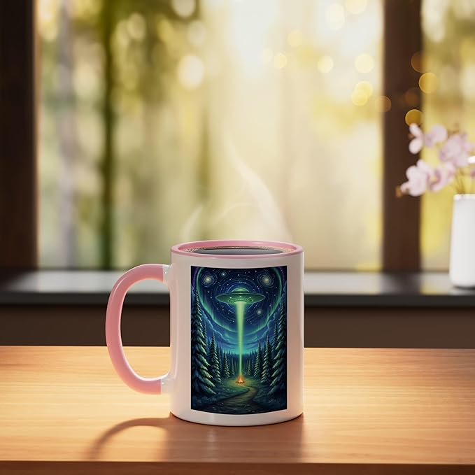 UFO in Forest Campfire Nature Camping Flying Saucer UAP Ceramic Mug, Pink/White