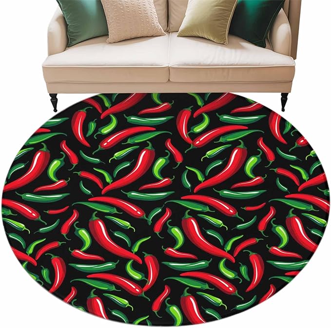 Washable Round Area Rug Spicy Chili Pepper Pattern Circle Rugs Floor Carpet for Living Room Bedroom, Red Green Peppers on Black Soft Non Slip Round Rug 5ft