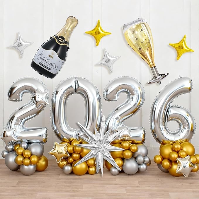 Silver 2026 Balloons, 40 Inch Number 2026 Silver Foil Balloons, Gold Silver Star Balloon Champagne Bottle Glass Balloon for Happy New Years Eve Party Supplies 2026 Class of 2026 Graduation Decorations