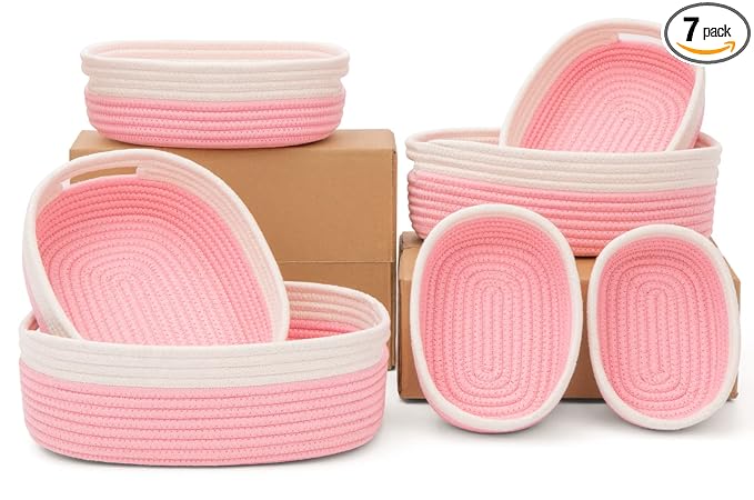 7 Piece Cotton Rope Woven Basket Set - Small Basket for Baby Nursery, Pets, Montessori, Dog & Cat Toy Boxes, Bathroom Organization Bins (White/Pink)