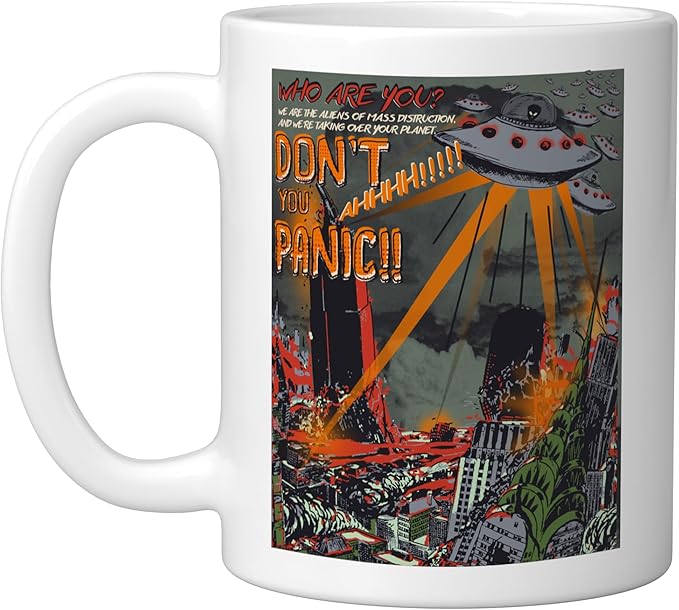 UFO Flying Saucer Invasion 1950s Sience Fiction Abduction Ceramic Mug, White