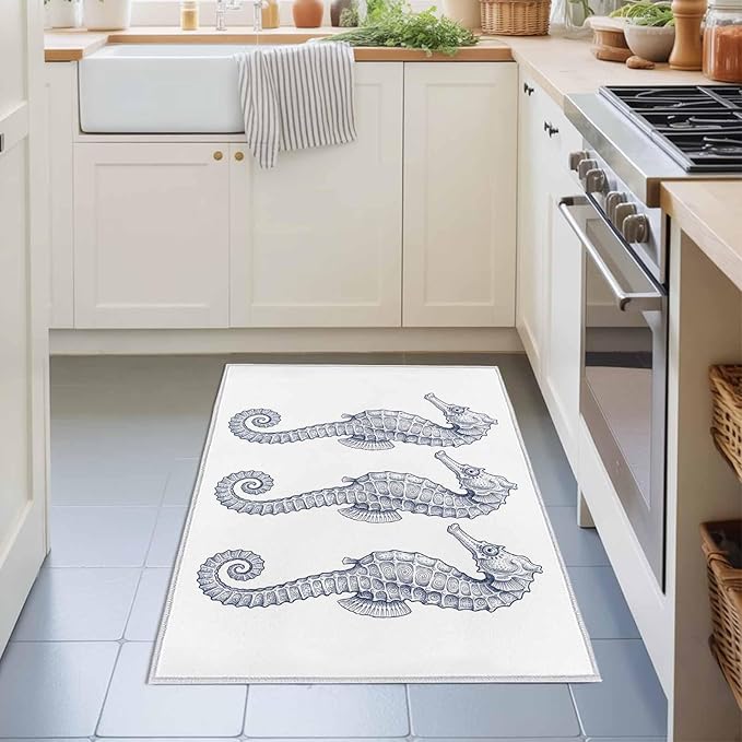 Area Rug 2x3ft, Summer Light Blue Seahorse Washable Rugs for Living Room Bedroom, Underwater Ocean Animals Soft Non-Slip Area Rugs Rectangle Floor Carpet for Dining Room