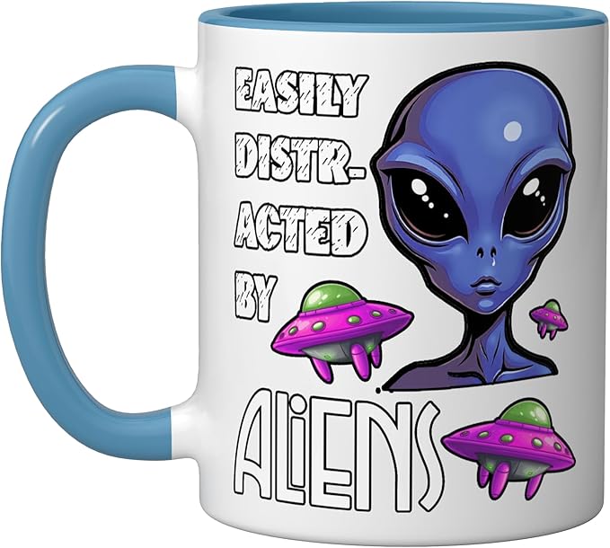 Easily Distracted By Aliens Funny Sci Fi Apparel Design Ceramic Mug, Blue/White