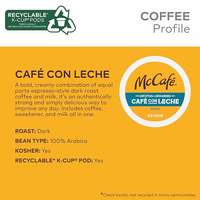 McCafe Cafe Styles of Latin America Cafe con Leche, Keurig Single Serve K-Cup Coffee Pods, 60 Count (6 Packs of 10)