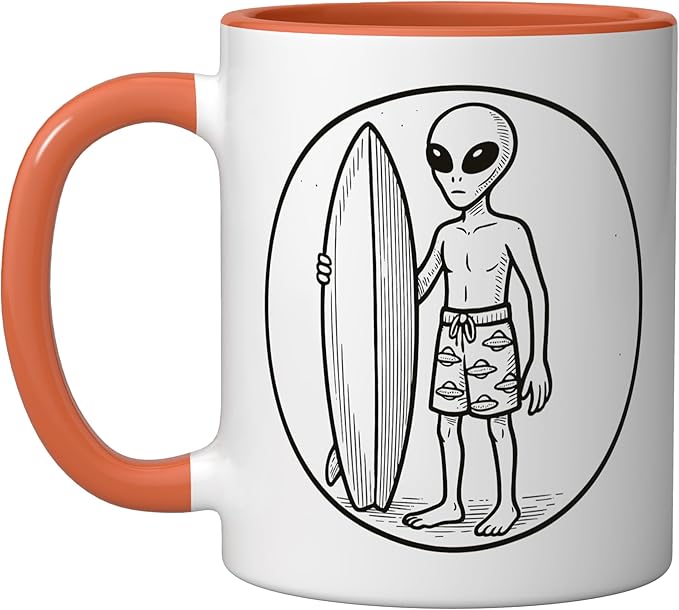 Alien with Surfboard Ceramic Mug, Orange/White