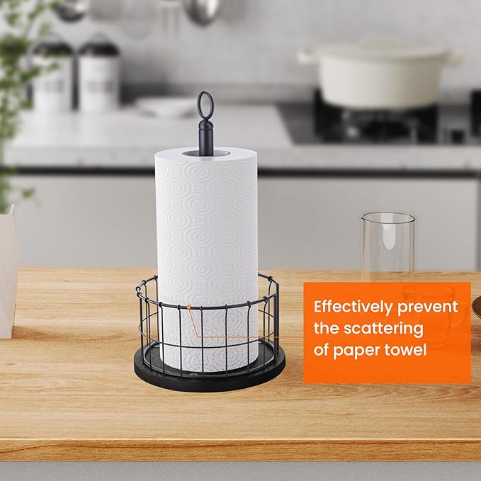 Homode Paper Towel Holder Countertop, Free-Standing Paper Towel Rack with Heavy Duty Wood Base, Industrial Paper Towel Roll Stand for Kitchen Counter, Fits Standard and Jumbo Size Rolls, Black