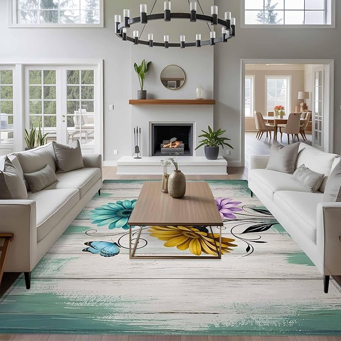 Area Rug 9x12ft, Farm Flower Daisy Retro Wood Barn Washable Rugs for Living Room Bedroom Rectangle Floor Carpet, Blossom Flower Butterfly Soft Non-Slip Area Rugs for Dining Room