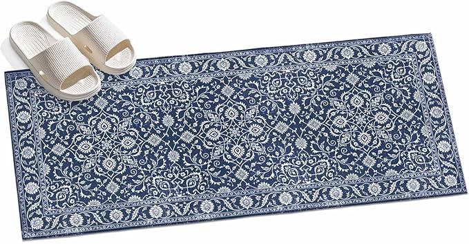Runner Rug for Bedroom Hallway, Navy Blue Paisley Floral Texture Kitchen Runner Rugs Area Rug 2x6ft, Vintage Tribe Flower Washable Soft Floor Carpet for Entryway Stair