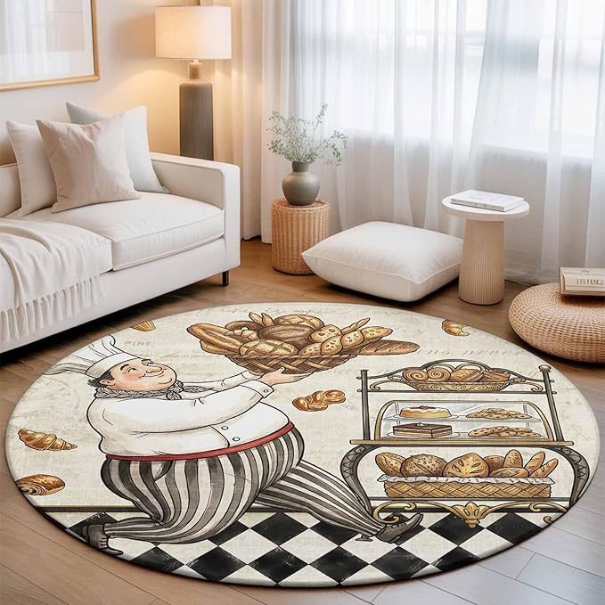 Washable Round Area Rug Farmhouse Kitchen Baker Bread Circle Rugs Floor Carpet for Living Room Bedroom, Vintage Black Plaid Soft Non Slip Round Rug 3ft