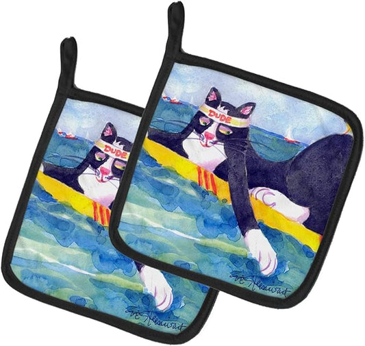 Caroline's Treasures 6051PTHD Black and White Cat Surfin Bird Pair of Pot Holders Kitchen Heat Resistant Pot Holders Sets Oven Hot Pads for Cooking Baking BBQ, 7 1/2 x 7 1/2