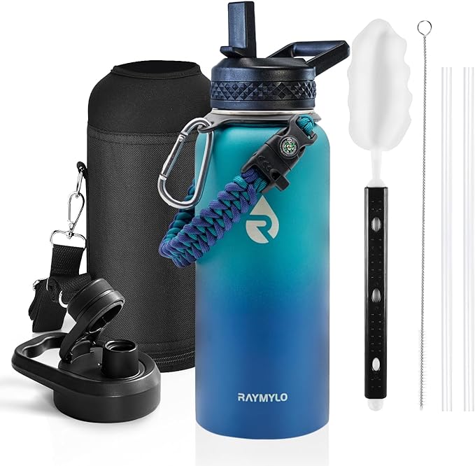 RAYMYLO Insulated Water Bottle 32 oz, Triple Wall Vacuum Stainless Steel (Cold for 24Hrs, Hot for 12Hrs), Leak Proof & Non-BPA, Modern Water Flask Jug with Paracord Handle & Straw Spout Lids