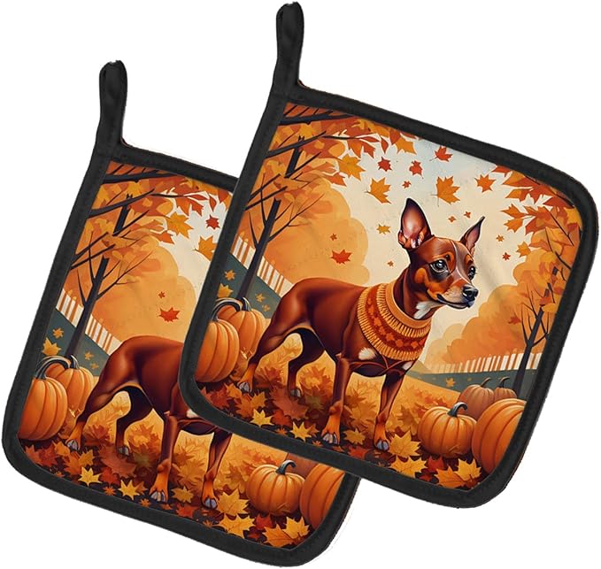 Caroline's Treasures DAC1058PTHD Red Miniature Pinscher Fall Pair of Pot Holders Kitchen Heat Resistant Pot Holders Sets Oven Hot Pads for Cooking Baking BBQ, 7 1/2 x 7 1/2