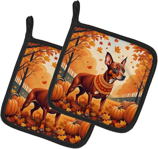 Caroline's Treasures DAC1058PTHD Red Miniature Pinscher Fall Pair of Pot Holders Kitchen Heat Resistant Pot Holders Sets Oven Hot Pads for Cooking Baking BBQ, 7 1/2 x 7 1/2