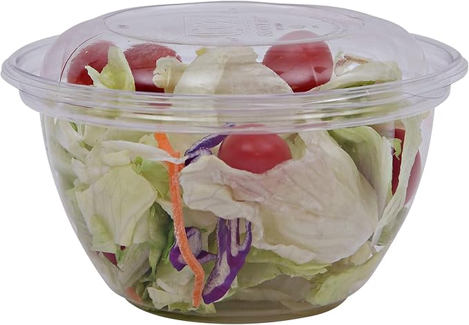 ECO PRODUCTS Compostable Clear PLA Plastic 18oz Salad Bowl With Lid, Case of 150, Grab 'n' Go Round Cold Takeout Food Containers, Renewable Plant-Based, Disposable, ASTM Compliant, BPI-Certified
