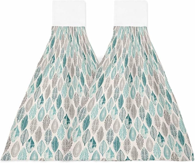 Alandar Home Kitchen Tie Towel Set of 2, Teal Leaf Gray Gradient Leaves Absorbent Soft Hand Towels for Bathroom Hanging Towels, Farm Plant Vintage Linen Fast Drying Cleaning Cloth with Loop