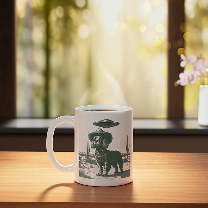 Funny Cowboy Dog UFO Alien Desert Cactus Western Canine Ceramic Mug, White