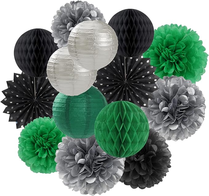 Black-Green Silver Party-Decorations Streamers Lanterns - 14pcs Graduation 2026 Paper Lanterns Fan,Tissue Pom Poms Streamer,Honeycomb Balls,Soccer Supplies Men Boys Birthday Baby Shower Decor Ouruola