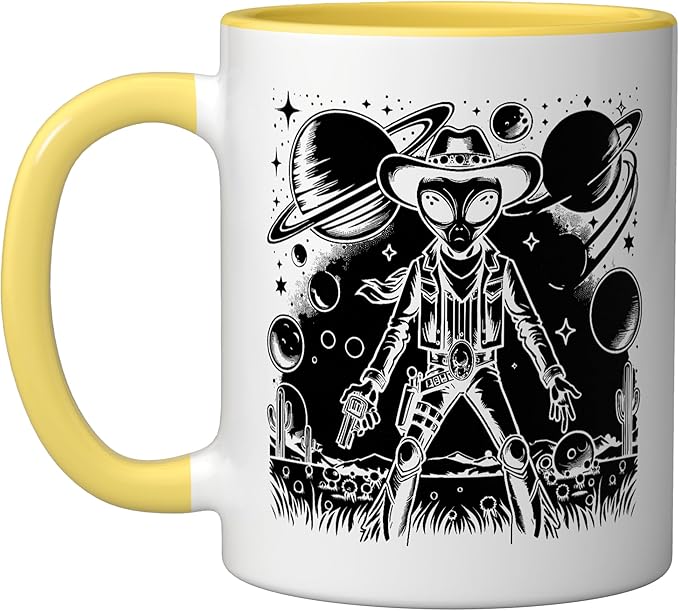 Alien Lover Flying Saucer UFO Extraterrestrial Cowboy Ceramic Mug, Yellow/White