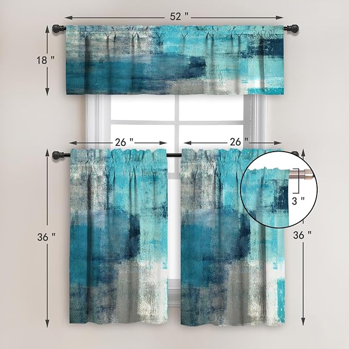 MCALK Turquoise Blackout Kitchen Curtains Tiers and Valances Set 3 Piece for Windows Grey Kitchen Window Curtains Set,Modern Abstract Art Valances for Living Room(36" Tiers Set)