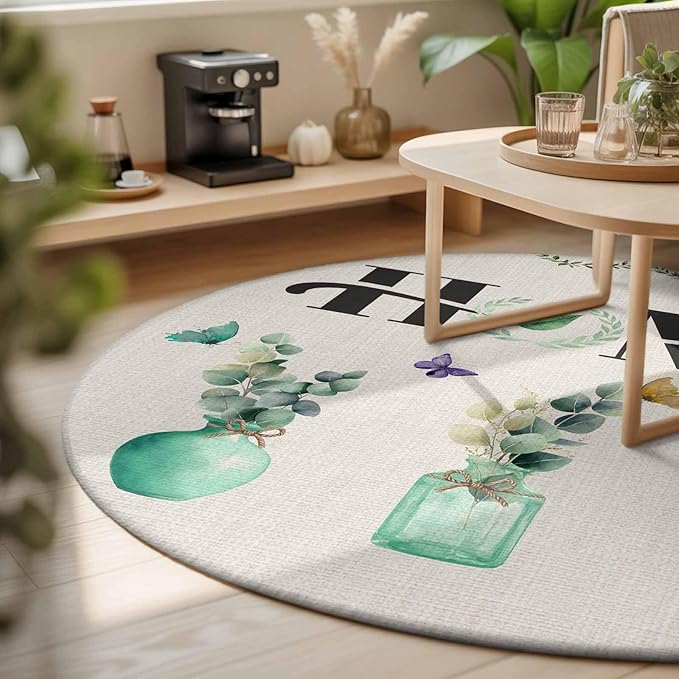 Washable Round Area Rug Rustic Home Text Eucalyptus Leaf Circle Rugs Floor Carpet for Living Room Bedroom, Farmhouse Butterfly Retro Linen Soft Non Slip Round Rug 3ft