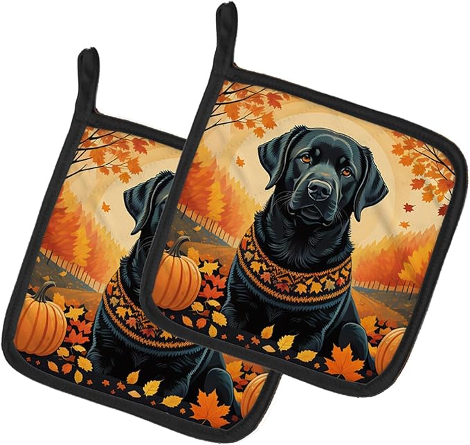 Caroline's Treasures DAC1054PTHD Black Labrador Retriever Fall Pair of Pot Holders Kitchen Heat Resistant Pot Holders Sets Oven Hot Pads for Cooking Baking BBQ, 7 1/2 x 7 1/2