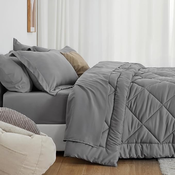Love's cabin Twin XL Comforter Set Grey, 5 Pieces Twin XL Bed in a Bag, All Season Bedding Sets with 1 Comforter, 1 Flat Sheet, 1 Fitted Sheet, 1 Pillowcase and 1 Pillow Sham | Soft, Breathable, Lightweight, Comfortable