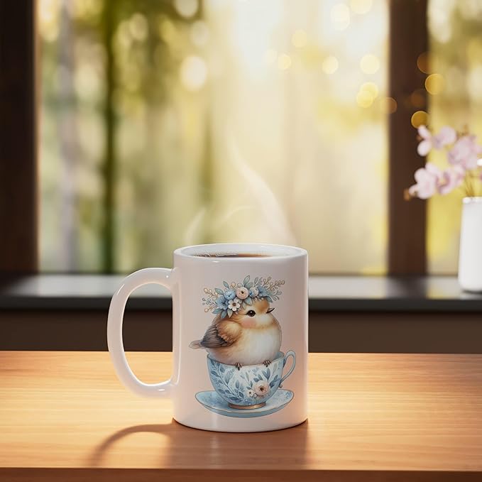 Cute Bird Floral Teacup Illustration Ceramic Mug, White