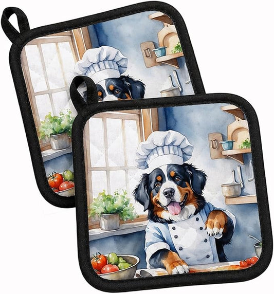 Caroline's Treasures Bernese Mountain Dog The Chef Pair of Pot Holders Kitchen Heat Resistant Pot Holders Sets Oven Hot Pads for Cooking Baking BBQ, 7 1/2 x 7 1/2