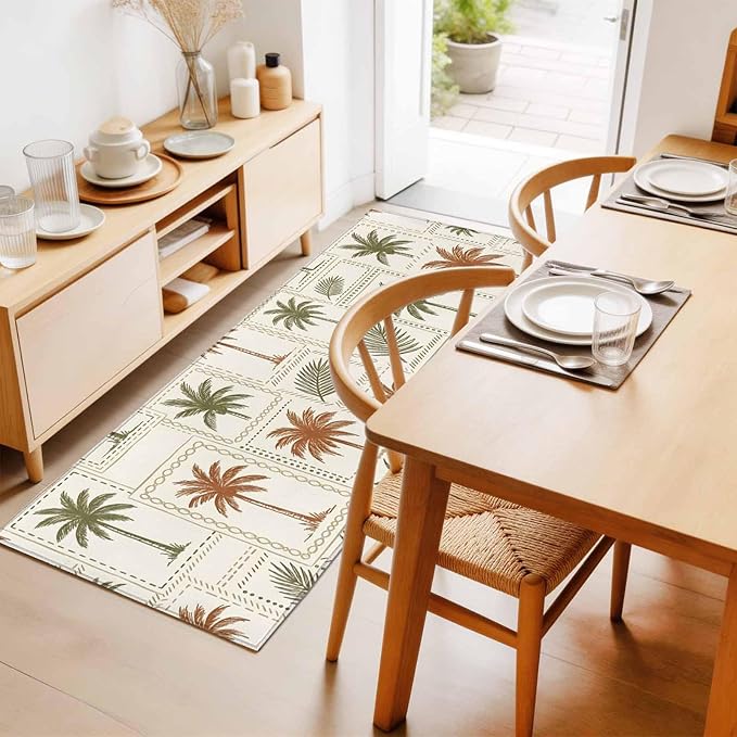 Runner Rug for Bedroom Hallway, Vintage Coconut Tree Palm Leaves Kitchen Runner Rugs Area Rug 2x6ft, Farm Tropical Plant on Beige Washable Soft Floor Carpet for Entryway Stair