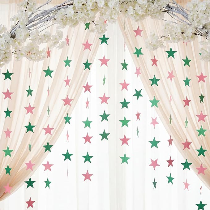 Patelai 130 Feet Glitter Star Garland Banner 2026 Party Decoration Double Side Star Hanging String Streamer Paper Twinkle for Graduation Wedding Birthday (Pink and Green)