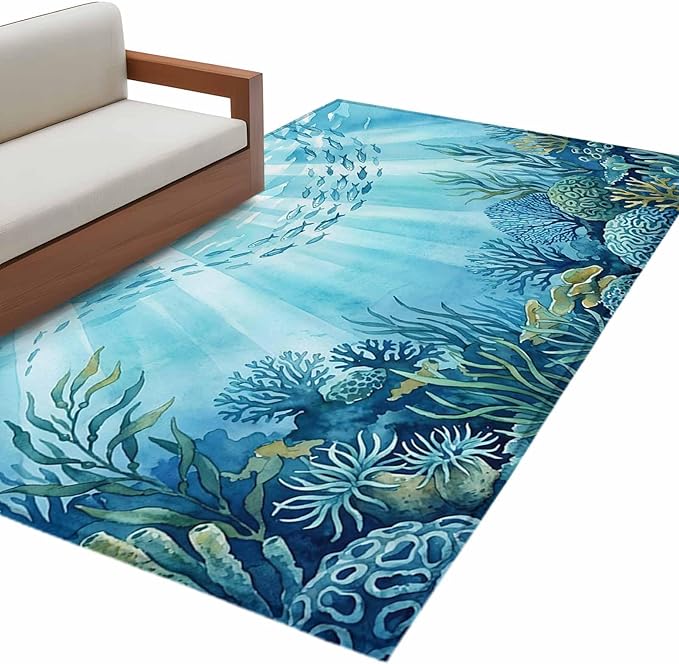 Area Rug 3x5ft, Underwater World Coral Seaweed Washable Rugs for Living Room Bedroom, Seafloor Ocean Life Fish Soft Non-Slip Area Rugs Rectangle Floor Carpet for Dining Room
