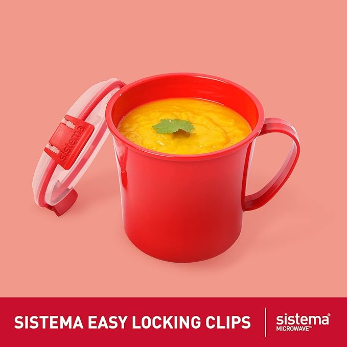 Sistema Microwave Soup Mugs | 656 ml | Microwave Food Containers with Steam Release Vents | BPA-Free | Red | 3 Count