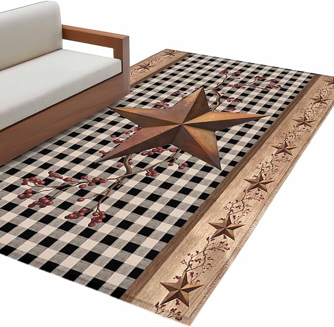 Brown Texas Star Retro 2.7x5 Area Rugs, Country Star Non-Skid Rubber Backing Large Rectangle Rugs - Living Room Bedroom Home Office, Black White Plaid Wooden Indoor Floor Mat Carpets Washable Rug