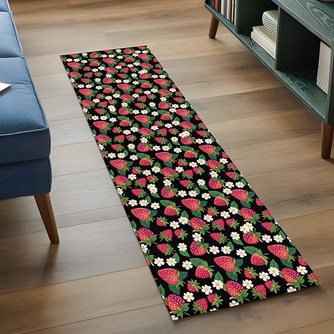 Runner Rug for Bedroom Hallway, Red Strawberry Litter Flower Leaves on Black Kitchen Runner Rugs Area Rug 2x6ft, Summer Fruit Washable Soft Floor Carpet for Entryway Stair