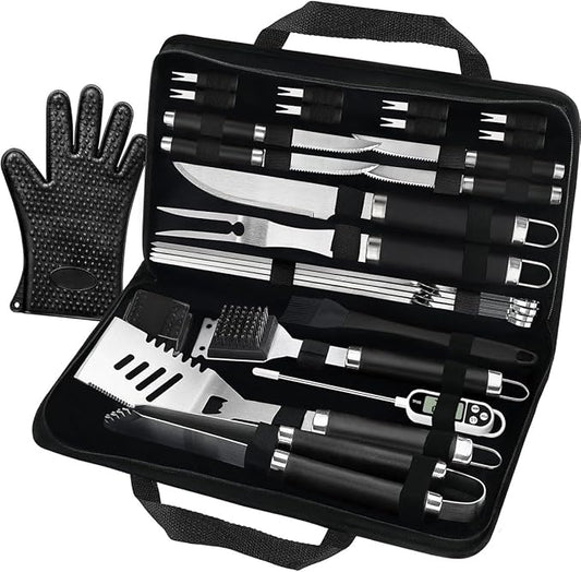 POLIGO 26 PCS BBQ Grill Accessories Stainless Steel BBQ Tools Grilling Tools Set with Storage Bag for Fathers Day Dads Birthday Presents - Camping Grill Utensils Set Ideal Grilling Gifts for Men Black